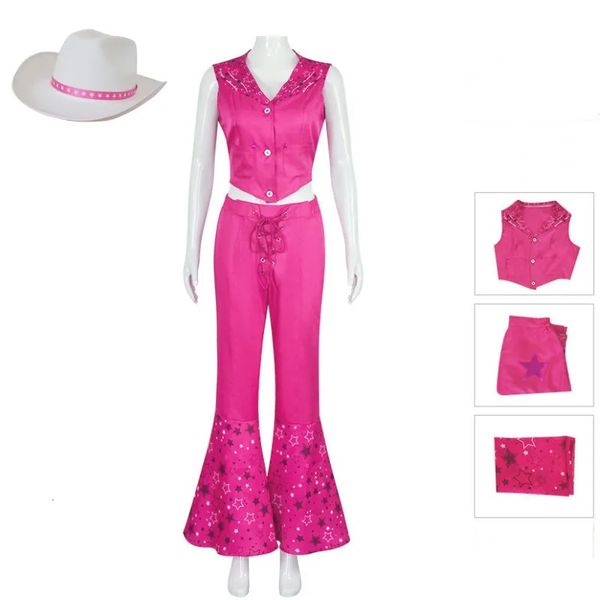 Filme Barbi Cosplay Rose Red Bell Bottoms Barbe Cosplay Terne Fittting Set com chapéu e fantasia de Halloween Crianças adultas 240510