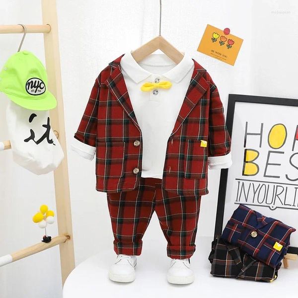 Kleidungssets Frühling Baby Jungen Kinder Plaid Mantel T -Shirt Hosen 3 Stücke Anzug Kleinkindkinder Kleidung Kinder Outfits