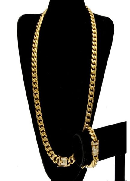 Edelstahl 24k festes Goldelektroplat Gussverschluss Wdiamond Cuban Link Halskette Armband für Männer Bordsteinketten Schmuck Set3562352