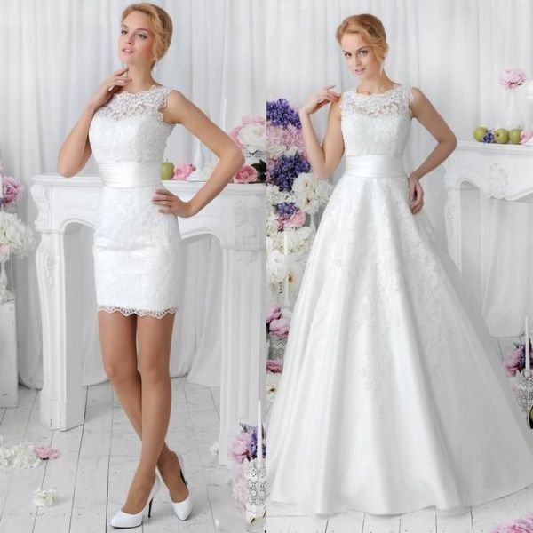 Romantische weiße zwei Stücke pro Linie Spitze Brautkleider 2020 mit abnehmbarem Rock Vestidos de Noiva Spring Crew Neck Kurzdanz Bridal 296u