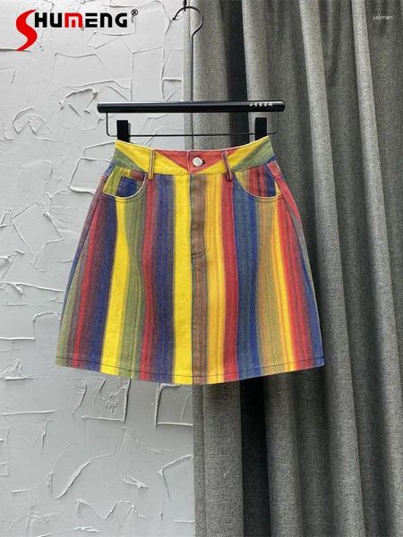 Saias Contraste Cool Contraste Cor Rainbow Salia de jeans listrada Mulheres da cintura alta A-line Mini Girls Faldas 2024 Summer