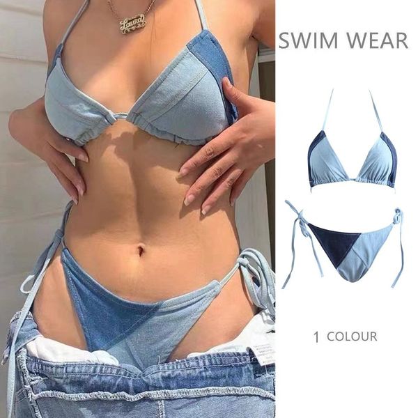 Neuer Split Denim Color Bikini Bikini mit Holiday Bikini Frauen Internet Berühmtheit mit Spice Girl Style Low Taille Jeans zweiteiliger Set