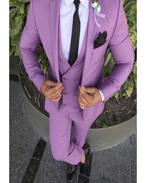 2020 Последний дизайн брюки Purple Pink Men Suit Slim Fit Groom Tuxedo 3 Piece Custom Свадебные костюмы выпускной пиджак Terno Masculino x8002435
