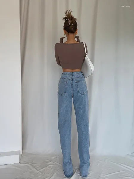 Jeans femminili belli belli eleganti gambe lunghe a senso visivo fessura anteriore fessura alta pantaloni a pettitura a gamba sottile