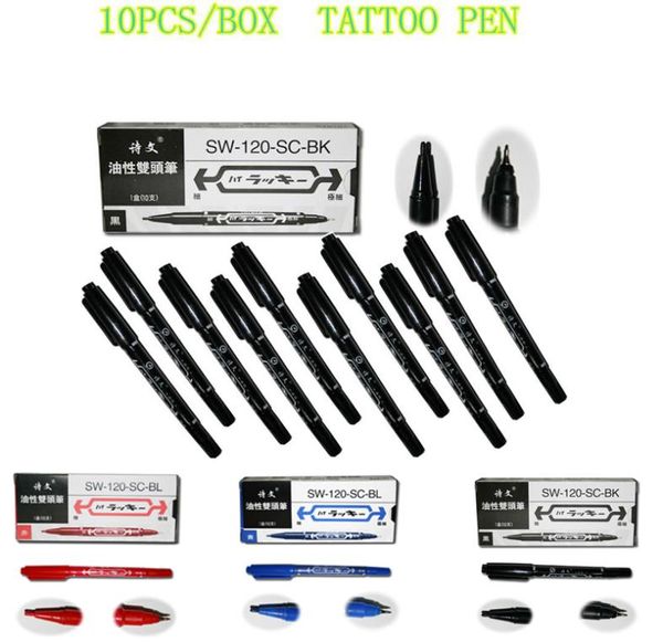 Yilong 10pcsBox Black Dualtip Tattoo Marking Pen Marcador de peles de estêncil Tatuagem Piercing Posicionamento Supplicação para tatuagem permanente mak7943020