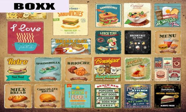 Retro Fast Food Frühstück Mittagessen Poster Home Küche Dekor Sandwich Milch Brot Wandkunst Gemälde Vintage Metall Zinnschilder Yi1928841752