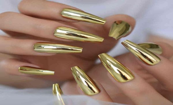 False Nails Metallic Coffin Dicas de unhas longa espelho de ouro da bailarina Fake Press em conjunto completo para decorações de unha 2202255571583