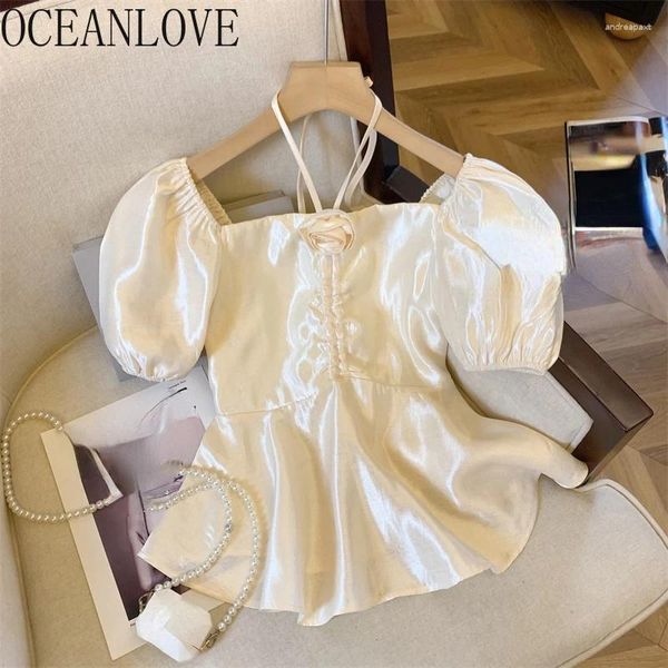 Женские блузки Oceanlove 3D Цветочный рукав женские рубашки с твердыми Halter Korean Fashion Blusas Mujer Spring Summer Retro Camisas