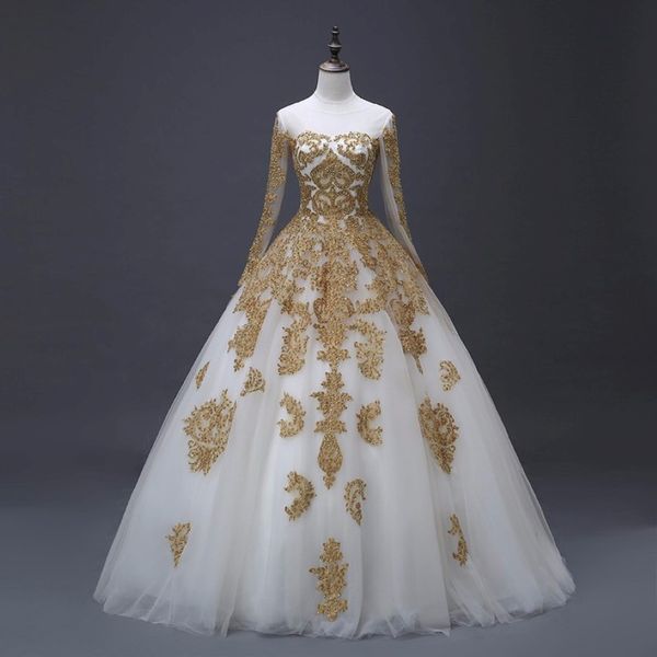 Arabische Gold Applikationen Ballkleid Brautkleider mit langen Ärmeln Neue echte Fotos Prinzessin Dubai Hochzeitskleider Custom Made 288Q