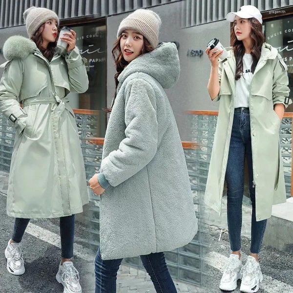 Frauenjacken 2024 Winter Frauen Langes Feste Woll Liner weibliche Parkas Kapuze mit Pelzkragen dicke Mantel -Outwear Pufferjacke