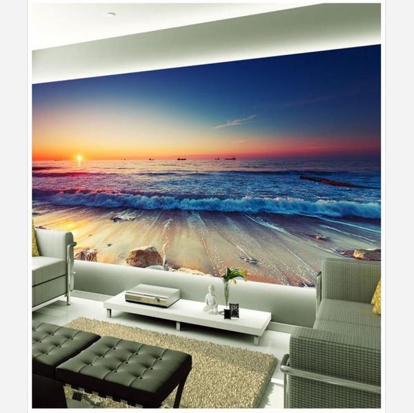 Cusotm jede Größe Schöne Sonnenuntergang Wellenstein 3D Hintergrund Wandmalerei 3D Tapete 3D Wallpapiere für TV -Hintergrund1240343