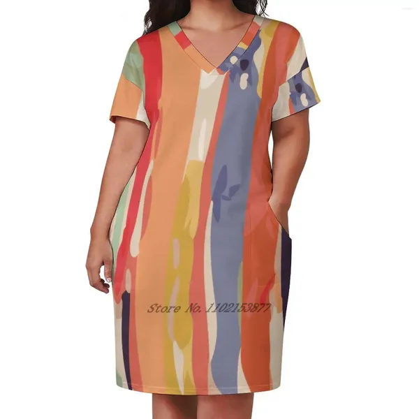 Vestidos casuais pincel vertical abstrato em vestido de bolso solto multicolor