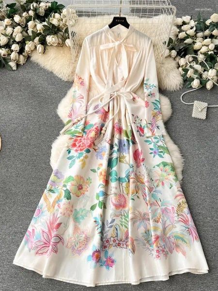 Lässige Kleider Sommer Holiday Leinenkleid Damenschuhnkragen Langarm Langarm Quasten Gürtel Tropische Pflanzen Blumendruck Bohemian Party Maxi Maxi