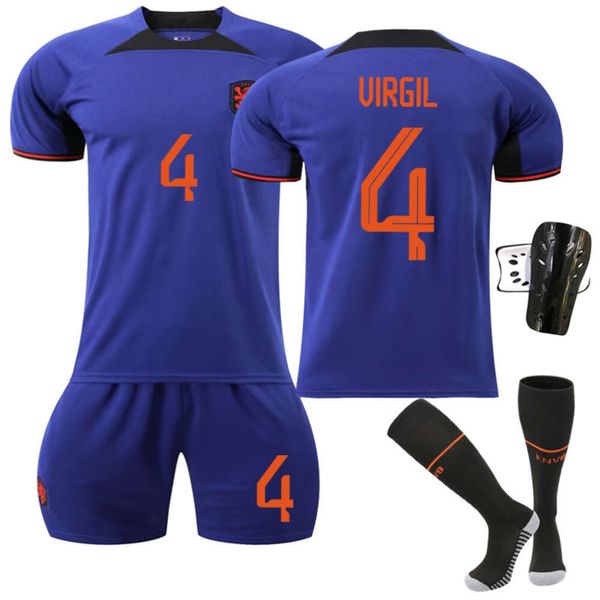 Fußball -Sets/Trailsuits Herren Trailsuits 2223 Niederlande Auswärts -Weltmeisterschaft Jersey Nr. 4 Van Dijk 21 de Jong 10 Depe Football Shirt Blue Short Anzug