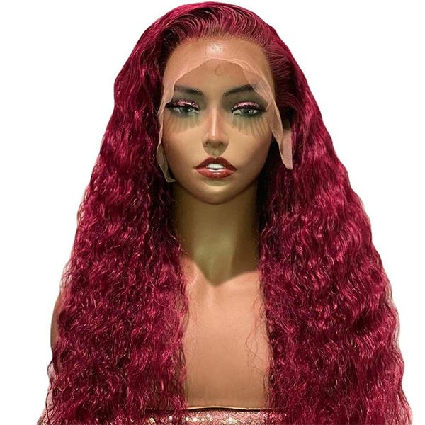 Parrucche per capelli umani ricci di vendita calda vino rosso remy brasiliano deep wave full pizzo anteriore parrucca sintetica 180% pre -pizzicata per le donne che dropshipping