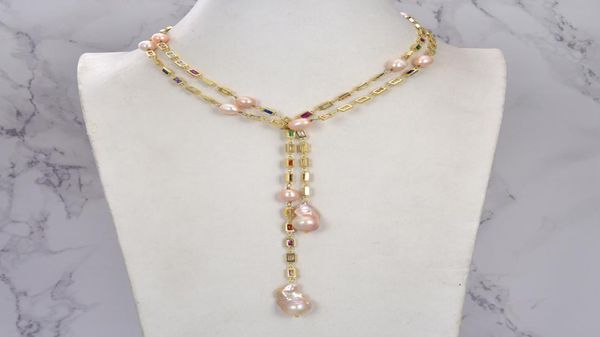 Gioielli Guaiguai coltivati Pink Keshi Pearl Mixed Color Rectangle CZ Pave Long Chain Madey Fade a mano per donne GEMS REALE Stone LA2156832