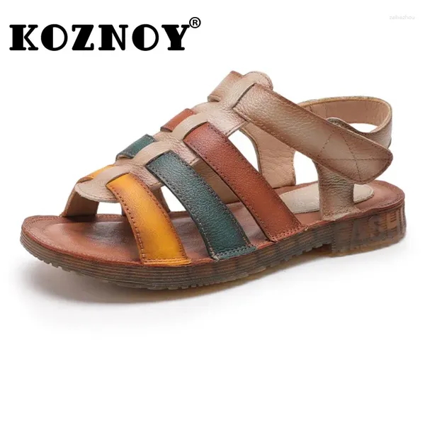 Sapatos casuais koznoy sandálias femininas 2 cm de tecelagem étnica de couro genuíno de verão feminino de solado macio de solado confortável