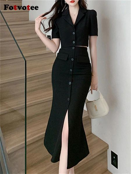 Abiti da lavoro Fotvotee 2 pezzi set da donna Outfit Summer 2024 Office Ladies Elegant Doll Down Collar Tops Slim Up Slip Skirt Set