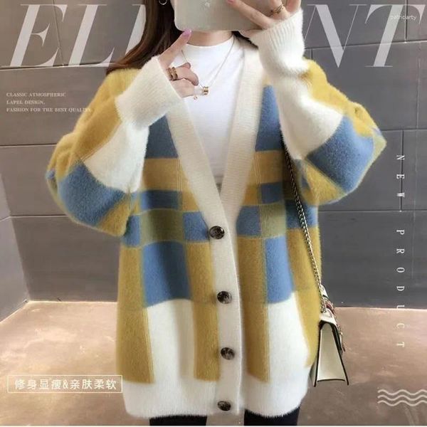 Женские вязаные вязаные имитационные норковые свитер женский пальто корейская осень зимняя сгустка желтая синяя свободная клетчатая контрастная вязаная кардигана