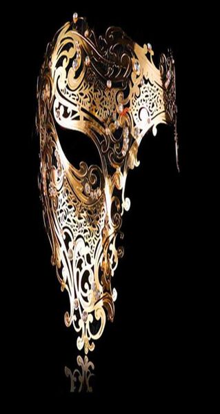 Maschere da festa cosplay cosplay di Halloween maschera nera rhinestone phantom metallo filigree veneziano maschera da festa oro rossa mezzo faccia m3314621