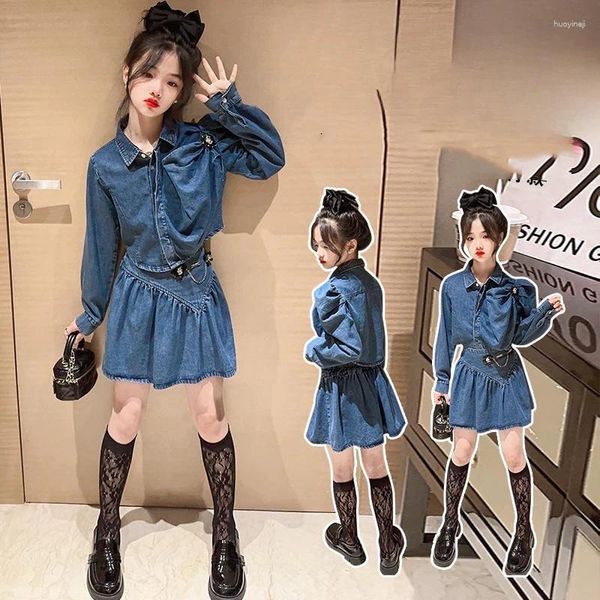 Kleidungssets 2024 Korean Frühling Herbst Mädchen Kinder obere und untere Set Junior Denim Bubble Sleeve Tops Rock Girls 2pcs Kleidung