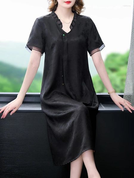 Abiti per feste 2024 Abito estivo a manica corta Black Vintage Women Women V-Neck Cheongsam Magh Splice Slip Slim