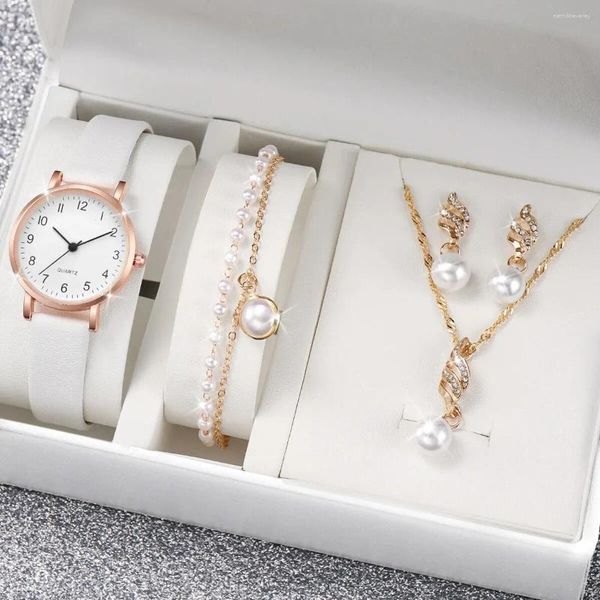 Armbanduhren 4pcs/Set Women's Watch Casual Rome Fashion Quarz analog Pu Leder Handgelenk Schmuckgeschenk für Mutter ihr