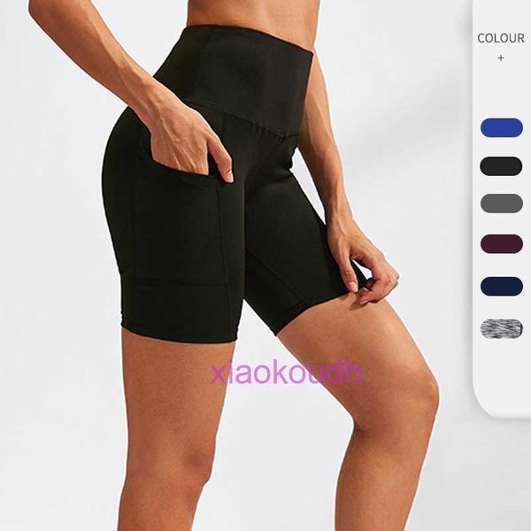 Lu Woman Yoga Sports Biker Hotty Hot Shorts High Women High com bolsos diagonais para o treinamento de treinamento rápido e elástico