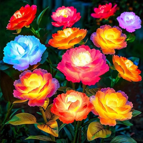 Decoração de Kooper, 4 Pack Garden com 16 flores peônias, 7 alterações de cores para luzes solares externas de luzes solares decoração do quintal do dia das mães presentes