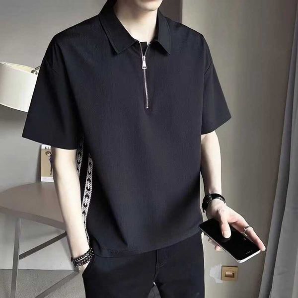 T-shirt maschile uomini a maniche corte T-shirt del colletto a due colori Business di moda coreano Shirt traspirante camicia fidabile a mezza zip polo j240509