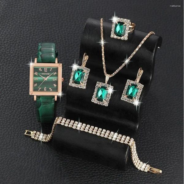 Relógios de pulso 1pc Moda Women Fashion Watch Simple Leather Quartz e 5pcs Ladies Zircon Jewelry Set Relógio Montre Femme