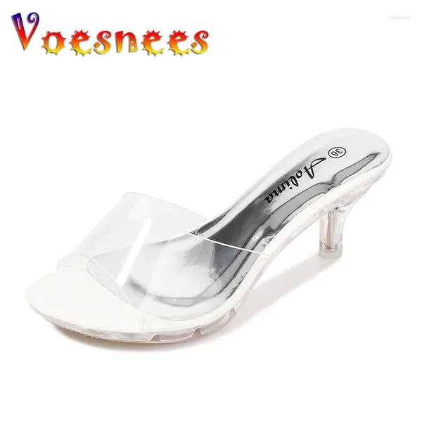 Hausschuhe Voesnees Frauen Mode sexy klare High Heels 6,5 cm Weibliche Folien Offener Toe Maultiere transparente Partyschuhe