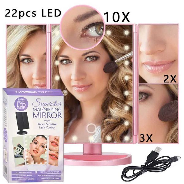 Kompakte Spiegel LED Make -up Spiegel Licht 10 -facher Vergrößerung Glas Batterie Eitelkeit Mini Badewanne Schönheit Bad Intelligenter Saugnapf Tasse Q240509