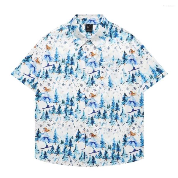 Herren lässige Hemden Männer Retro Hawaiian Beach Harajuku Schnee Cartoon Print Hemd Streetwear Hip Hop Sommer Unisex Aloha Knopf Tops