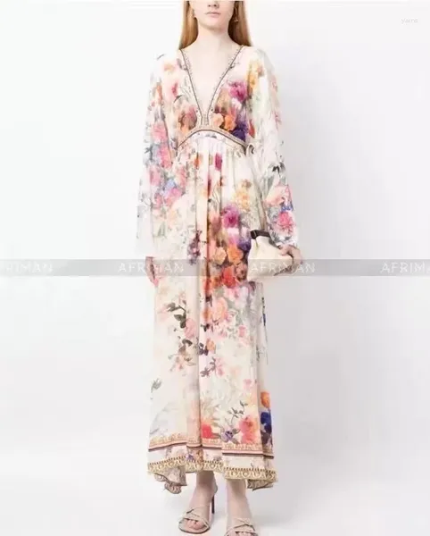 Vestidos casuais Mulheres V Pescoço Slevas Retro Print Flower Pesout Maxi Long Silk Dress