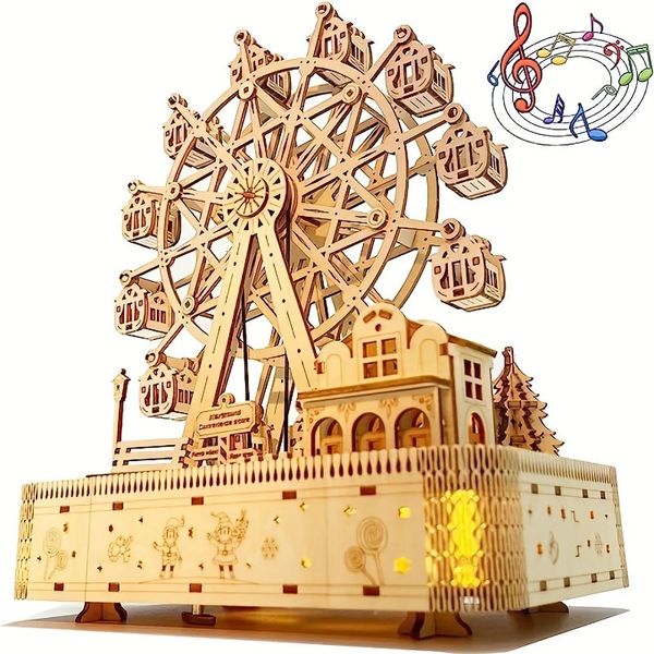 3D -Holz -Puzzle -Modell Ferrris Wheel Music Boxadult Spielzeugkasten gebautes LED -Handwerk Ornamente183 PCs 240509