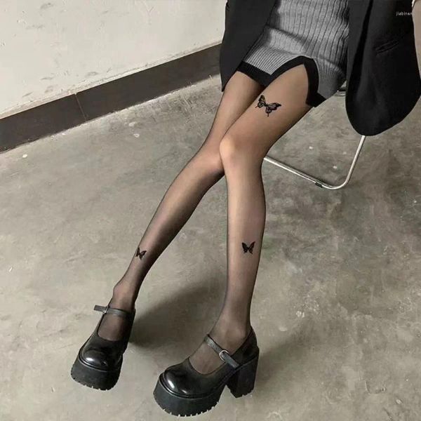 Kadınlar SOCKS yaz kelebek ipek siyah tayt şeffaf tozluk çorapları seksi kız retro külotlu çorap