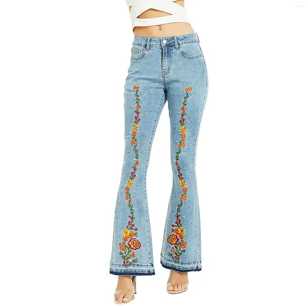 Женские джинсы Женские цветочные цветочные вышиты из бисера.