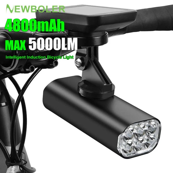 Luzes Newboler 5000lm Intelligent Inductio Bike Light MTB Lâmpada frontal USB Recarregável 6 LED 4800mAh Bicicleta Luz à prova d'água do farol