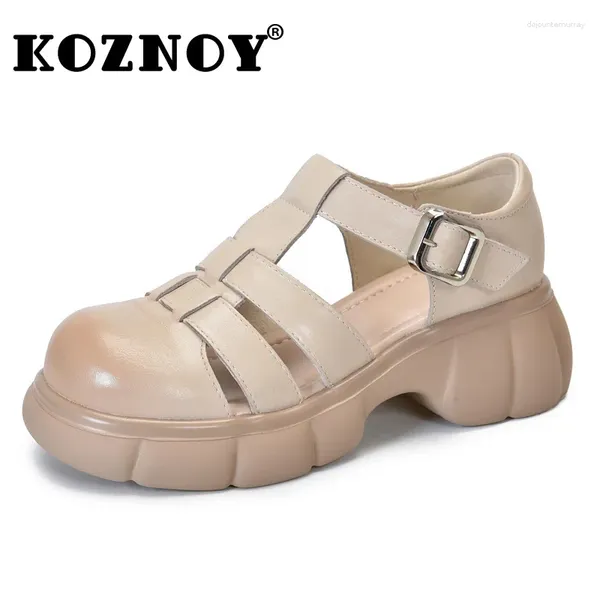 Scarpe eleganti Koznoy 5,5 cm Donne intrecciano mocasin in pelle vera naturale da donna Mary Jane Hook Rome British Platform Wedge Summer Summer