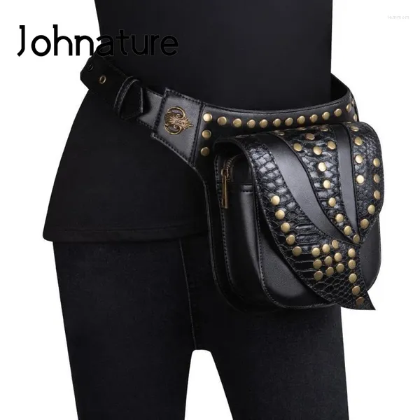 Taillenbeutel Johnature Moto Biker Women Bag 2024 Steampunk Rock Niet Nieten Brust Multifunktionales weibliches Schulterbote