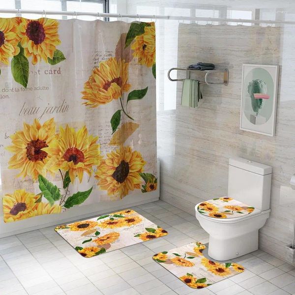 Badmatten Daisy und Rose Duschvorhang Bodenmatte vierköpfige Anti-Slip-Badezimmer Teppiche Set Blackout Vorhänge Toiletten Teppich