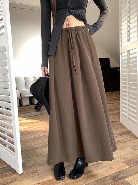 Saias de outono preto feminino plissado longo longo coreano elástico marrom alta cintura a-line skiot feminina tendência 2024