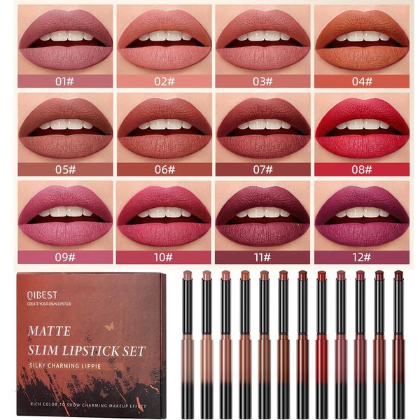 Qi 12 Colours Matte rossetto opaco set di velluto per rossetto nudo matita sexy pigmenti marroni rossi labbra trucco tinta per labbra a lungo durata 240506