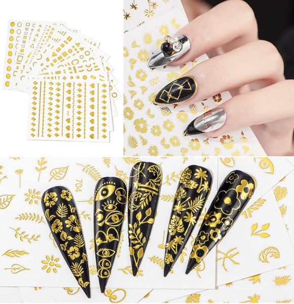 3D Gold Nail Art Flowers Geometric Stickers Металлические наклейки на наклейки Голографические ногти украшения 7199223