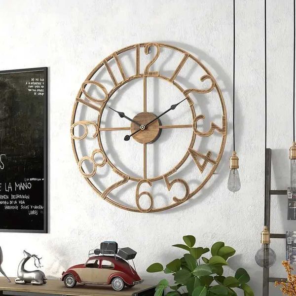 Relógios de parede Relógio retro de metal Creative Iron Art Decoration Digital Life Room Watch Home pendurado Big Q240509