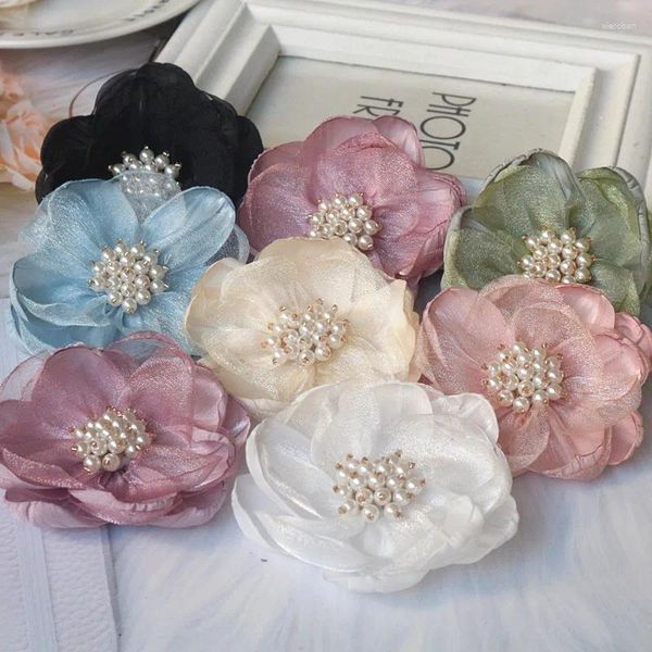 Flores decorativas 5pcs 7,5cm Organza Chiffon Fabric Flower Beads Centro Centro Made Made