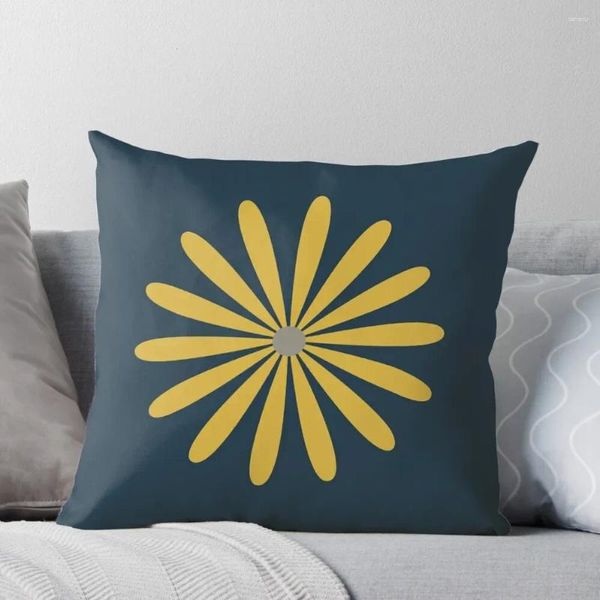 Travesseiro Big Daisy em luz de mostarda leve e cinza no azul marinho minimalista retro moderno floral arremesso de sofás