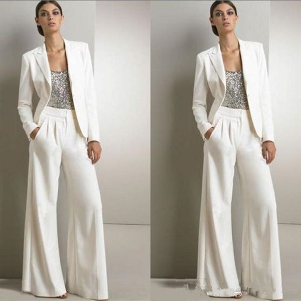 Mãe branca da noiva, trajes de calça para o vestido de hóspedes de casamento de lantejoulas prateadas com roupas de calça com calças com jaquetas Lady Formal Suit 239p