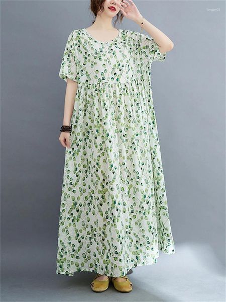 Parti Elbiseleri Pamuk Vintage Floral Elegant Kadınlar için 2024 Yaz Kısa Kollu Gündelik Uzun Baskı Yeşil Elbise Vestidos Femme Giyim